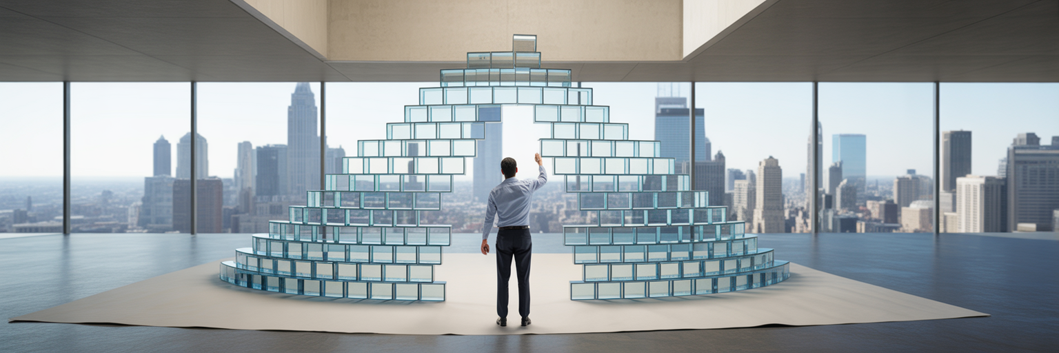 Accountant building financial structure with data blocks.