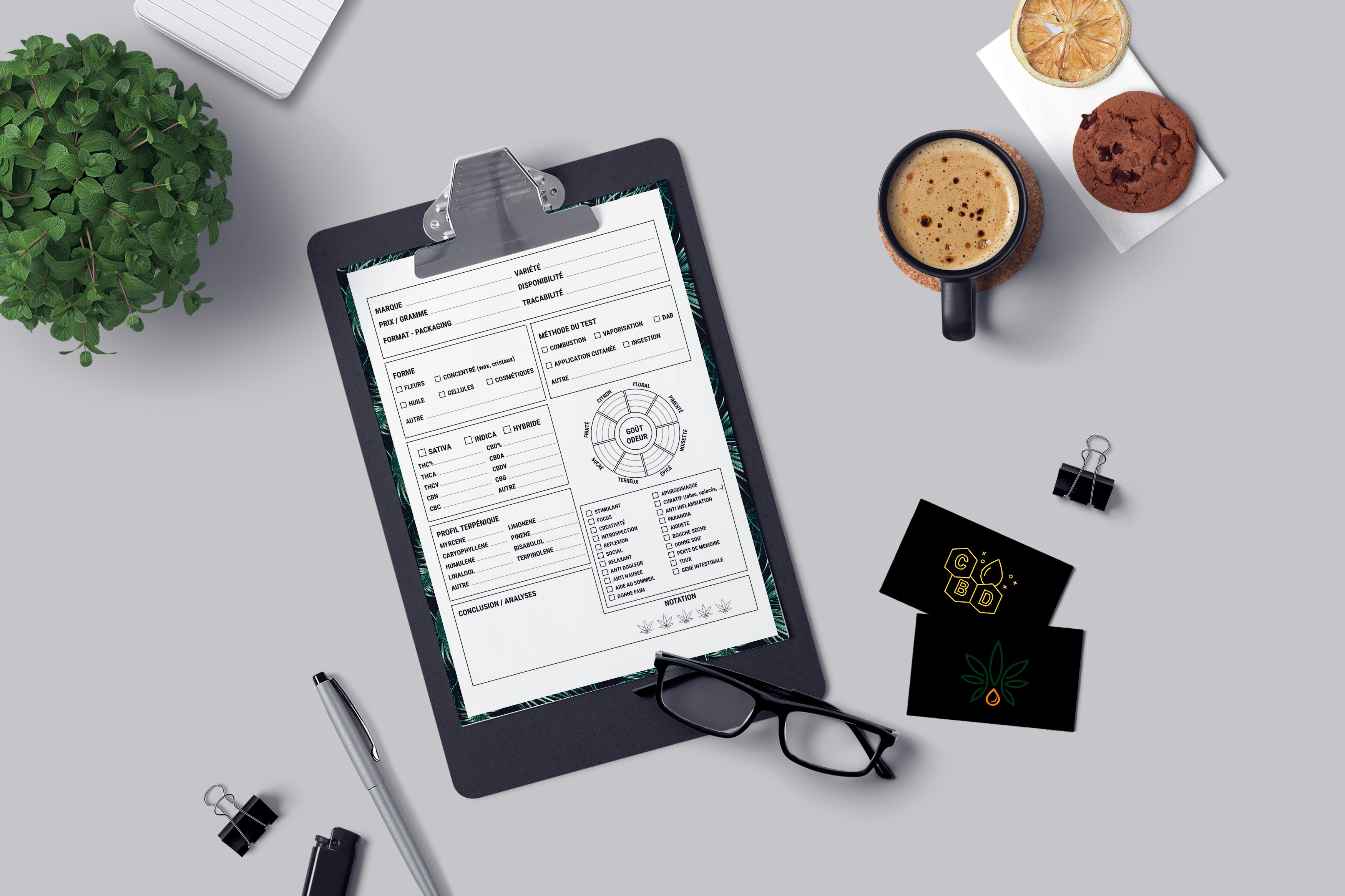 Cannabis tasting form with aroma wheel and checkboxes